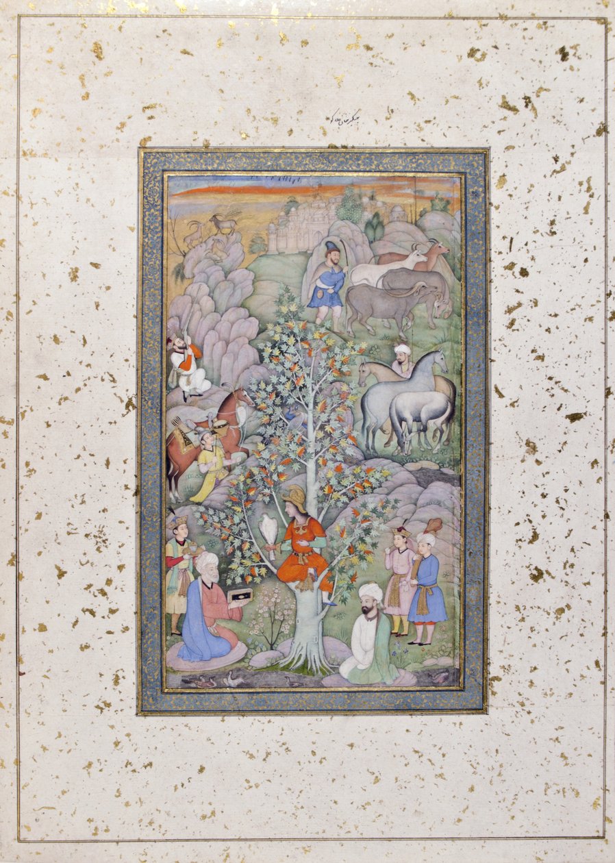 Alexander stiller spørgsmålstegn ved filosoffen, lægen og bægeret, ca. 1610 (ugennemsigtigt wc & guld på papir) af Indian School