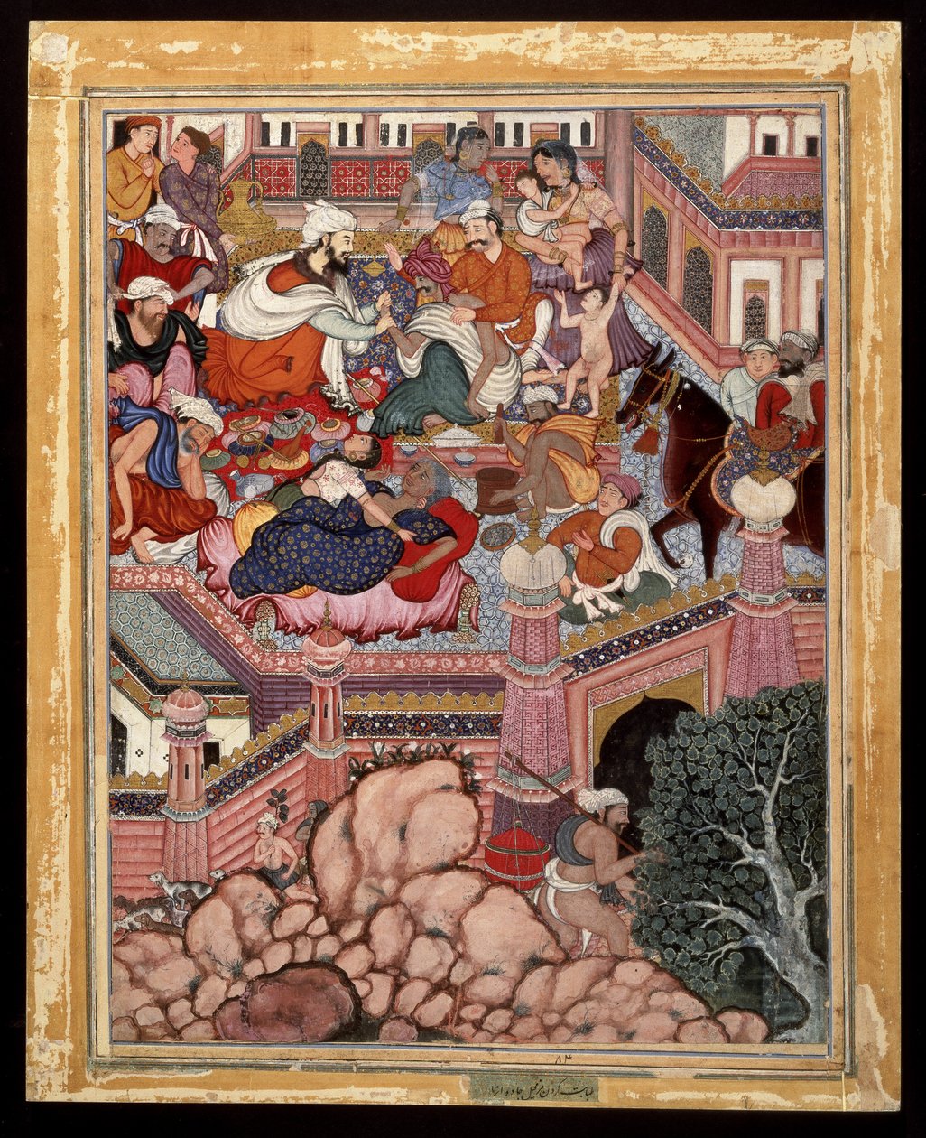 Amr, forklædt som kirurgen Mazmahil, praktiserer kvaksalveri på troldmændene i Antali, ca. 1570 (ugennemsigtig akvarel og guld på bomuld) af Indian School