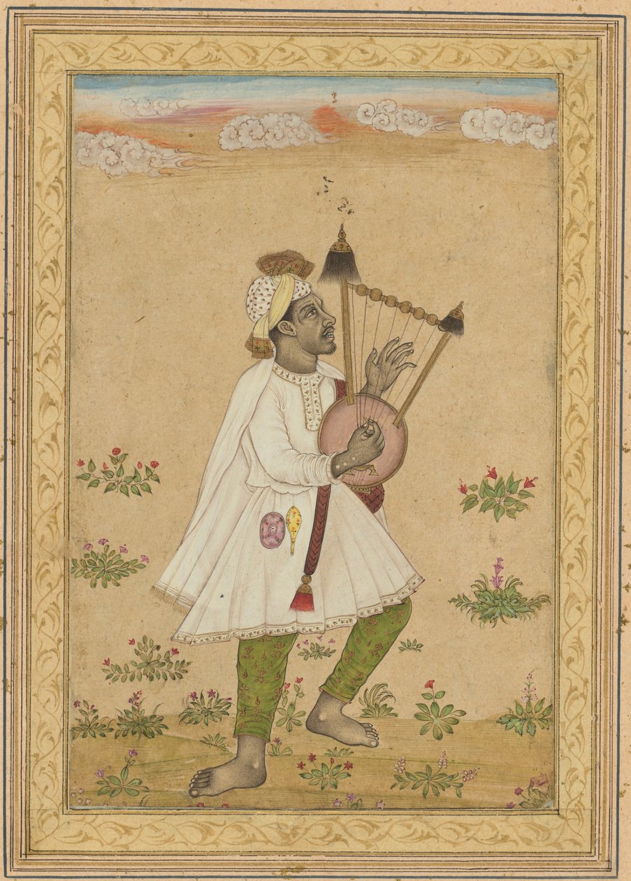 En afrikansk lyrespiller, ca. 1640-1660 (blæk, uigennemsigtig akvarel og guld på papir) af Indian School