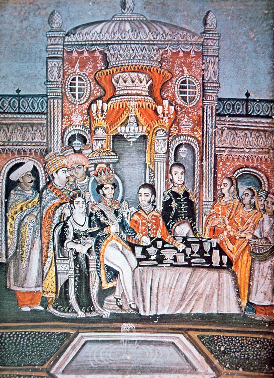 En indisk prins underholder britiske embedsmænd, ca. 1810 (gouache på papir) af Indian School