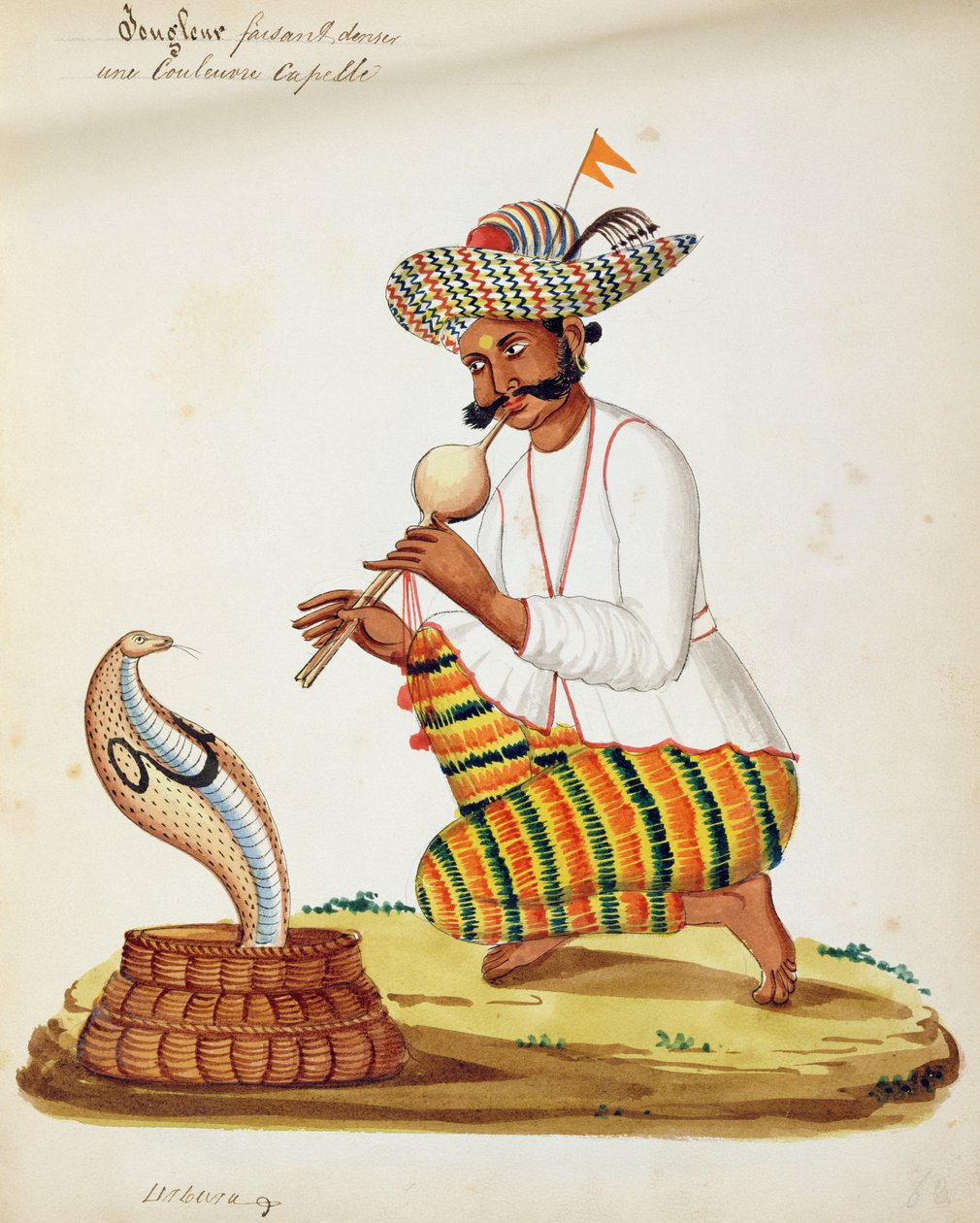 En indisk slangetæmmer med en kobra, fra et fransk album med tegninger af Indian School