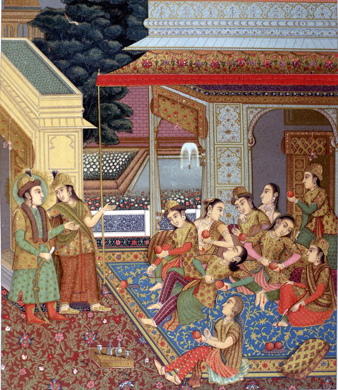 Et indisk harem. Illustration af en Moghol-miniature (skole for indiske miniaturister fra det 16. og 17. århundrede). af Indian School