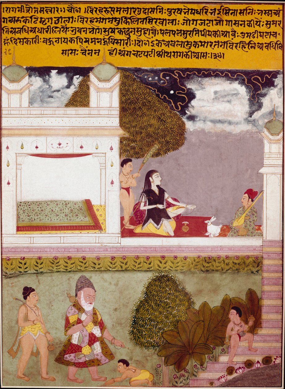 En askete lytter til musik på terrassen til et miniaturepalads i den indiske skole, omkring 1760. Privat samling af Indian School