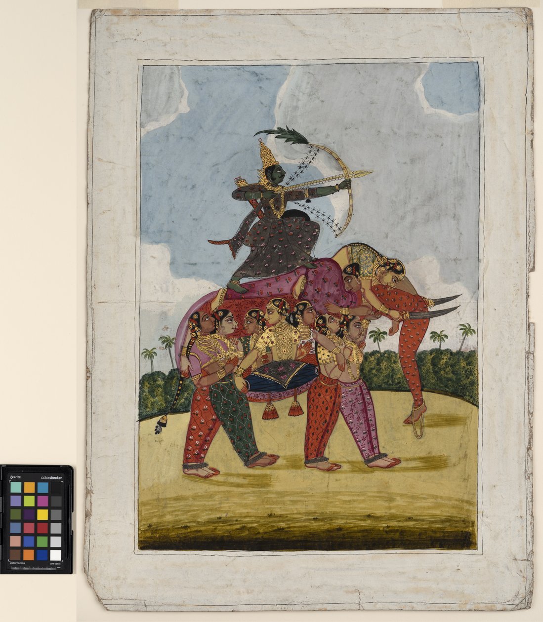 En elefant, sammensat, lavet af dansende kvinder, tjener som et monteringssæt til en bueskytte, ca. 1825 (ugennemsigtig akvarel og guld på papir) af Indian School