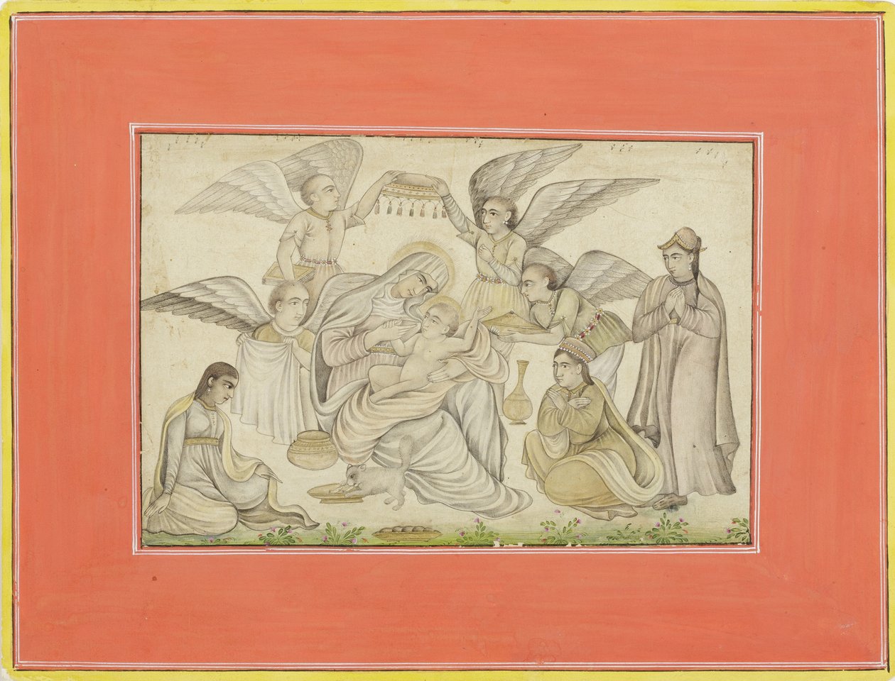 Engle tager imod Maria og Jesus, ca. 1665 (ugennemsigtigt wc og guld på papir) af Indian School