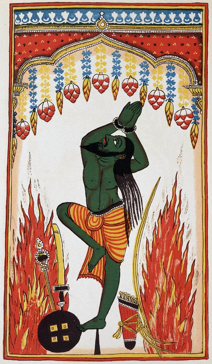 Aradjama, der beder og gør bod for at få de våben, der vil gøre ham uovervindelig, litho 1700-tallet. af Indian School