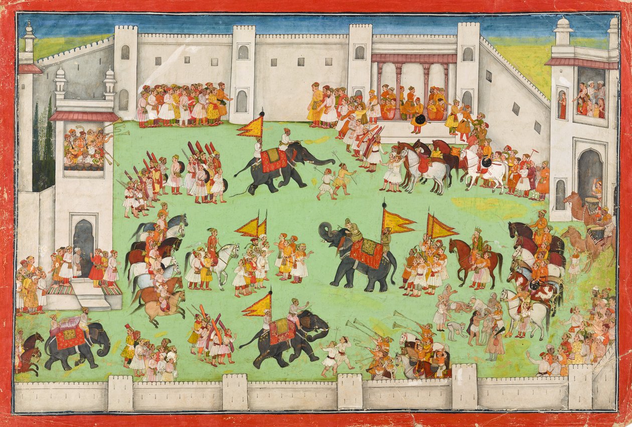 Brudgommens ankomst til paladset, folio fra en Ramayana, ca. 1640-1650 af Indian School