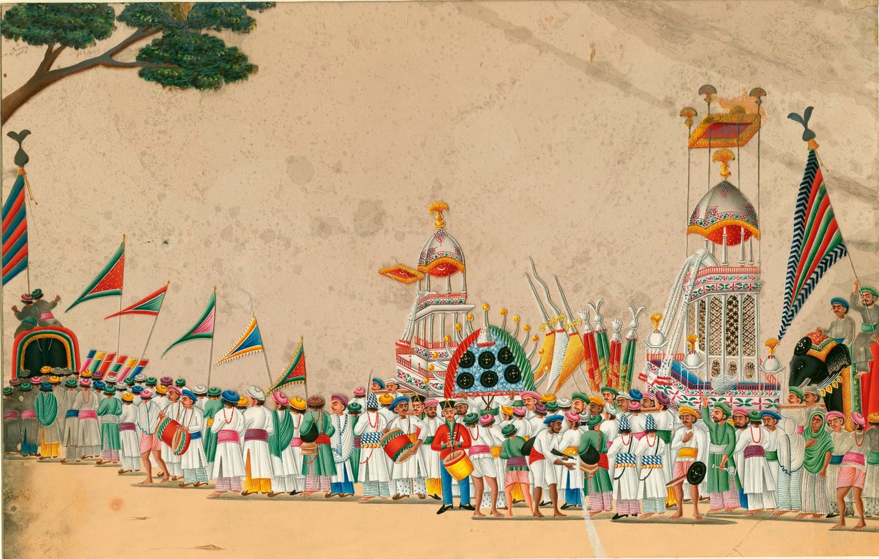 Indisk kunst: Gouache procession omkring 1800 Dim 15x23,7 cm Privat samling af Indian School