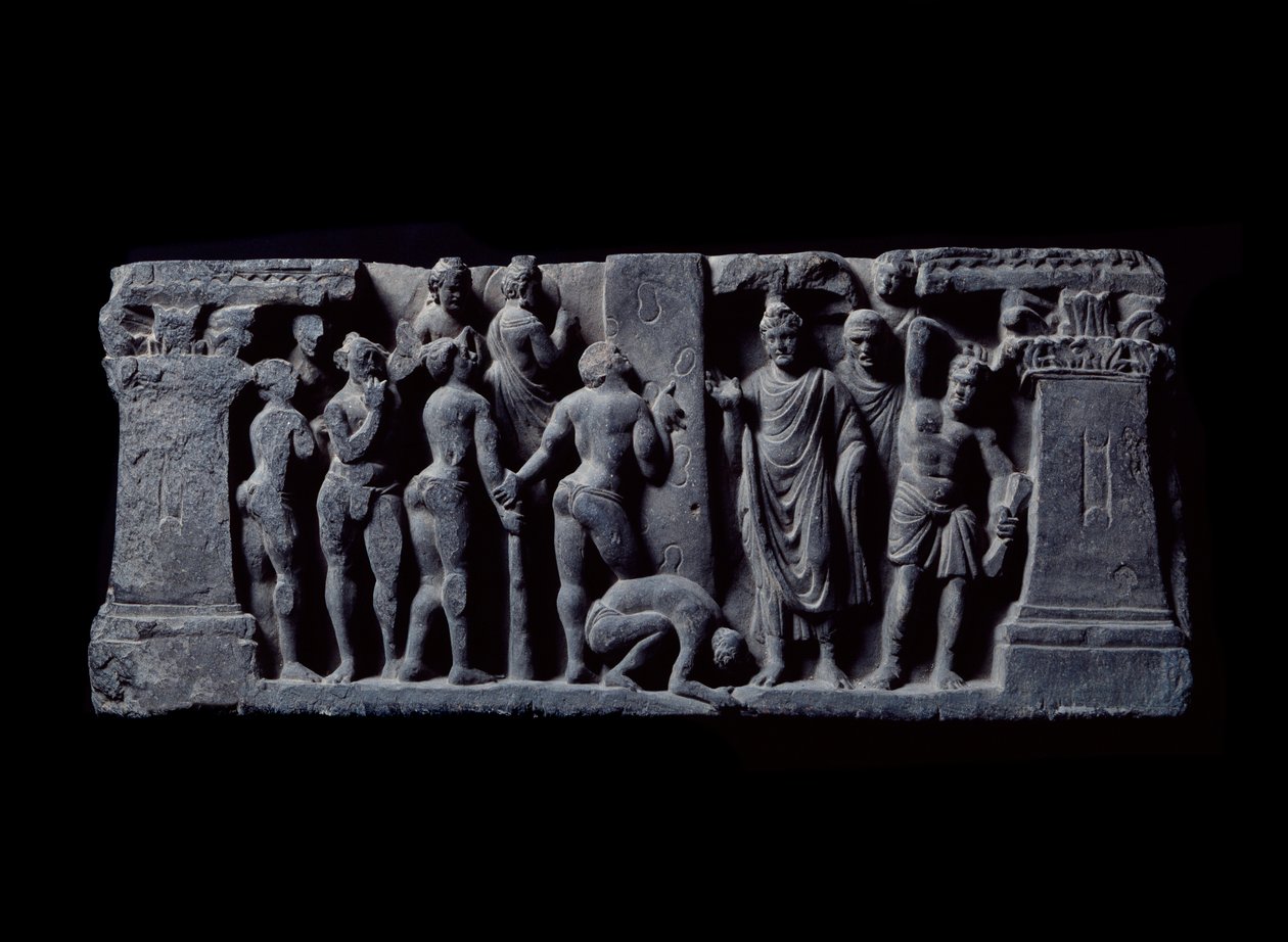 Art of Gandhara (eller græsk-buddhisme): "" Devadatta bueskytter angriber Gautama"" (bueskytter fra Devatta angreb Gautama Buddha) Relief af Gandhara-skolen - 2. til 4. århundrede - Indian Museum, Calcutta Indien af Indian School
