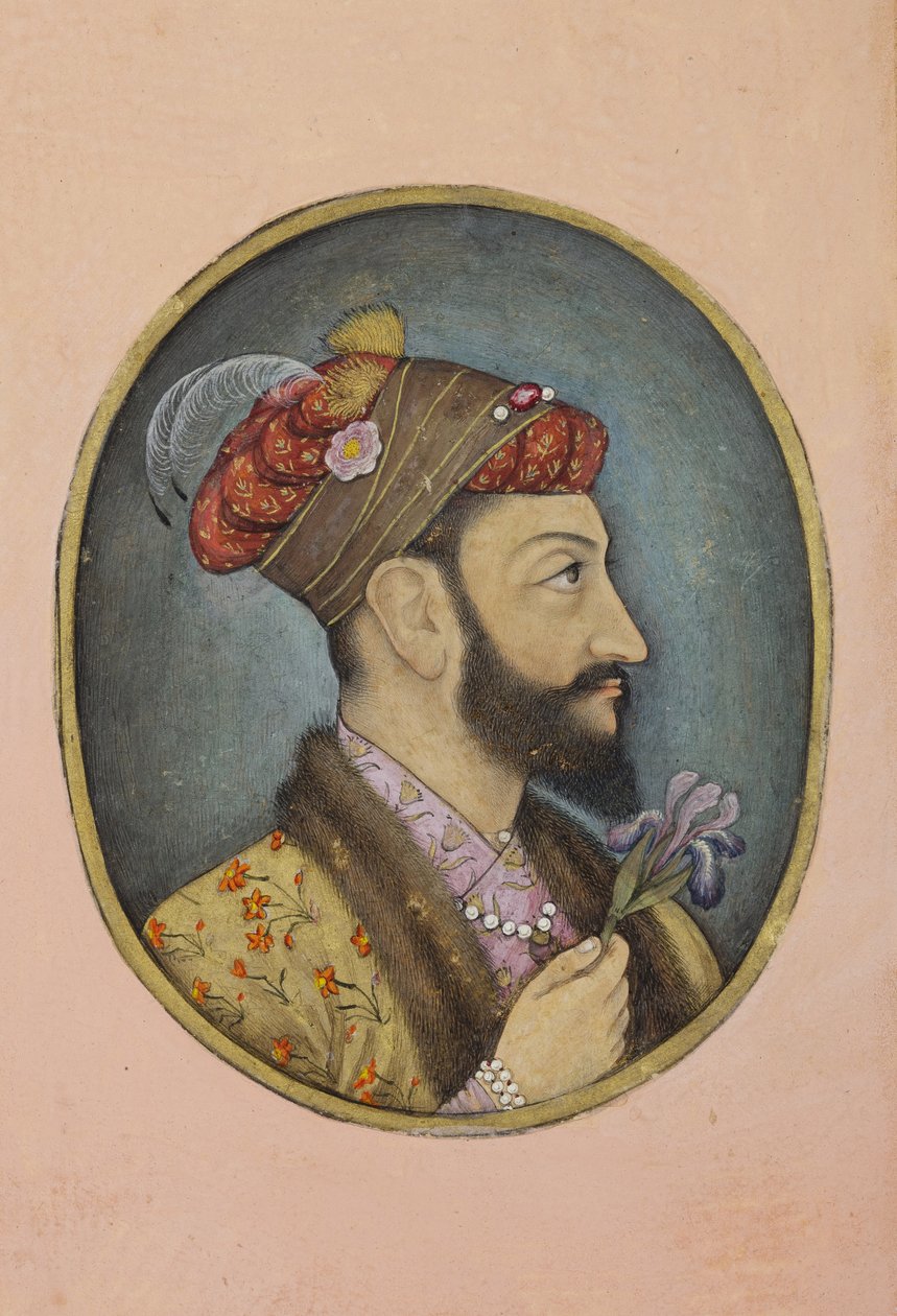 Aurangzeb Bahadur holder en iris, ca. 1650 (ugennemsigtigt wc & guld på papir) af Indian School