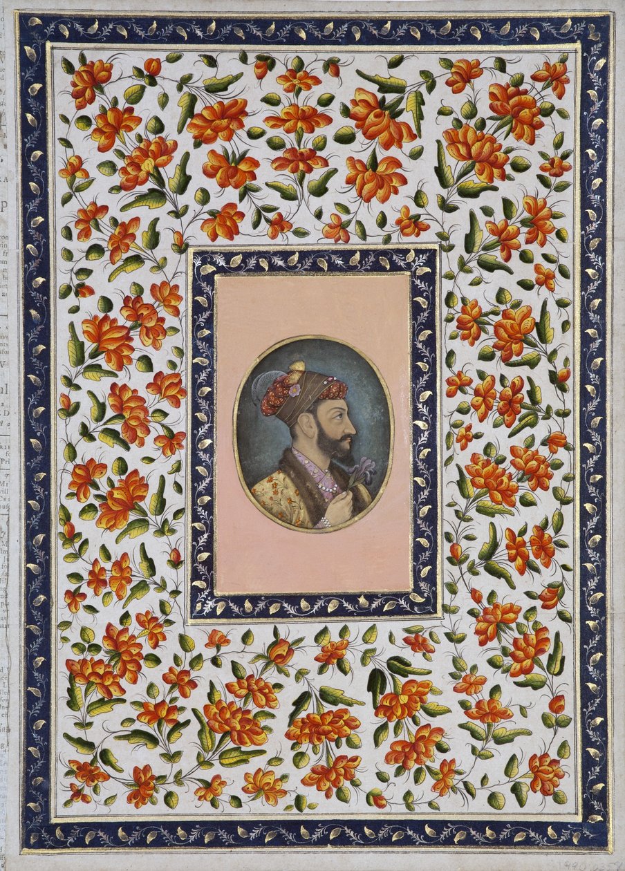 Aurangzeb Bahadur holder en iris, ca. 1650 (ugennemsigtigt wc & guld på papir) af Indian School