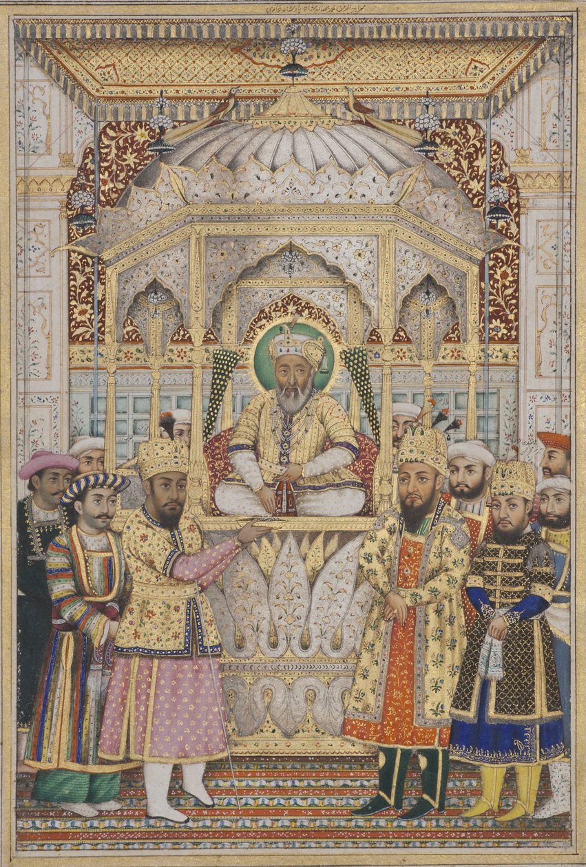 Bahadur Shah II i Darbar, ca. 1837 (ugennemsigtigt wc & guld på papir) af Indian School