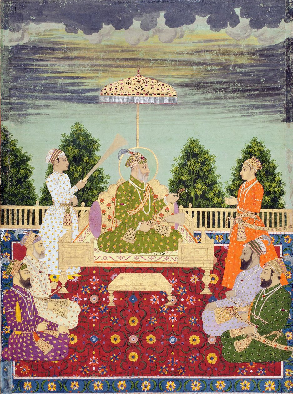 Bahadur Shah med sine fire sønner og et barnebarn, ca. 1710 (akvarel & guld på papir) af Indian School