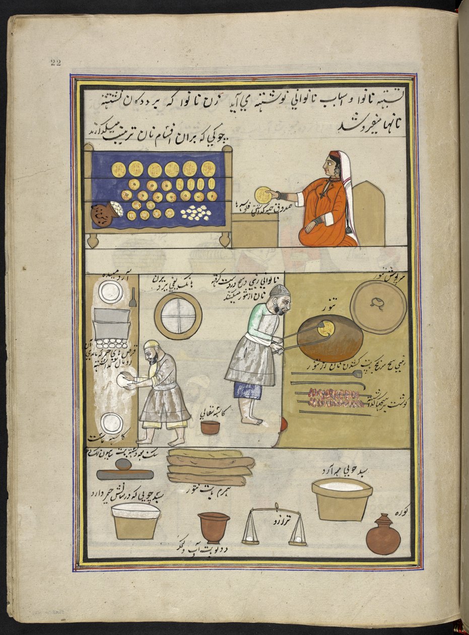 bagere,  86 tegninger indbundet i et bind, der viser håndværk og erhverv i Kashmir, håndværkere vises i arbejde med deres redskaber og udstyr,  Af en Kashmir-kunstner, sandsynligvis i Srinagar, ca. 1850-60 (gouache på papir) af Indian School