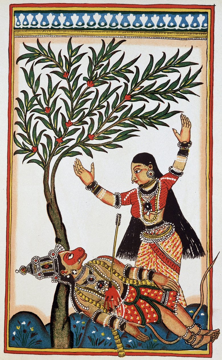 Bali dræbt af en pil, ved siden af ham Tara hans kone, litho attende. af Indian School
