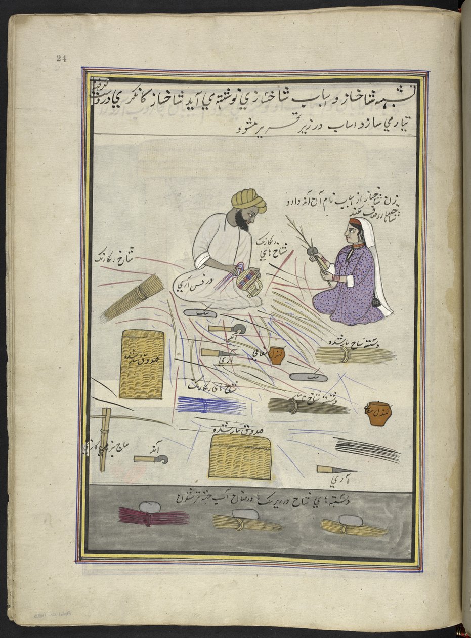 Kurvmager og hans kone,  86 tegninger indbundet i et bind, der viser håndværk og erhverv i Kashmir, håndværkere vises i arbejde med deres redskaber og udstyr,  Af en Kashmir-kunstner, sandsynligvis i Srinagar, ca. 1850-60 (gouache på papir) af Indian School