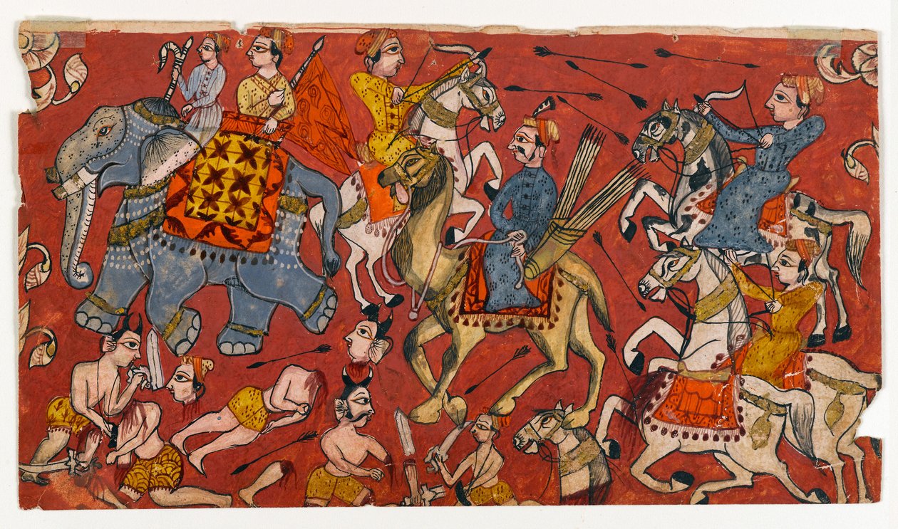 Kampscene fra en Bhagavata Purana-serie, ca. 1625-50 (akvarel og guld på papir) (recto af 499330) af Indian School