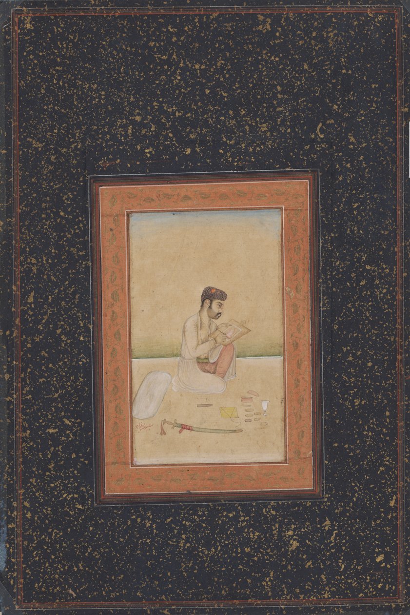 Behzad maleren med briller (blæk, farve og guld på papir) af Indian School