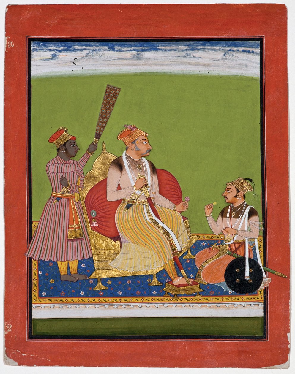 Bhao Singh tronede med en adelig ved sine fødder, ca. 1680 (ugennemsigtigt wc & guld på papir) af Indian School