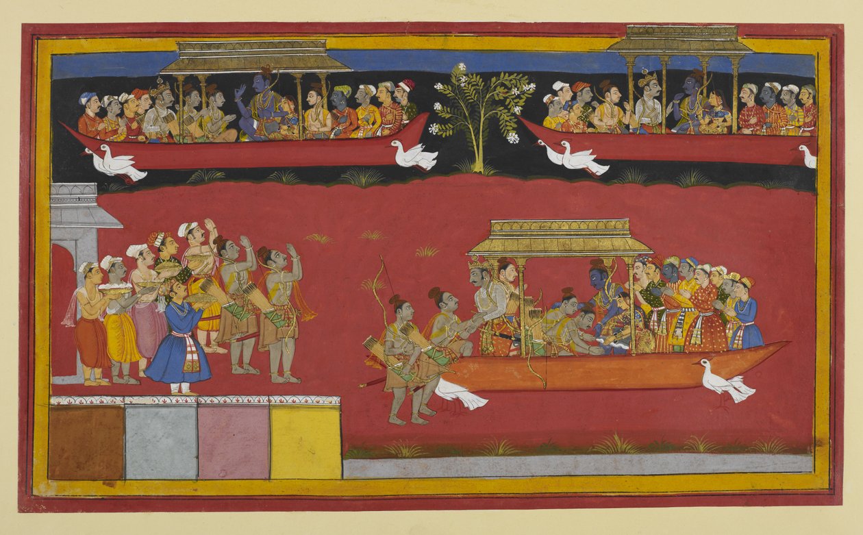 Bharata og Śatrughna hilser på Rāma og Sītā, da Puṣpaka tager af sted. af Indian School