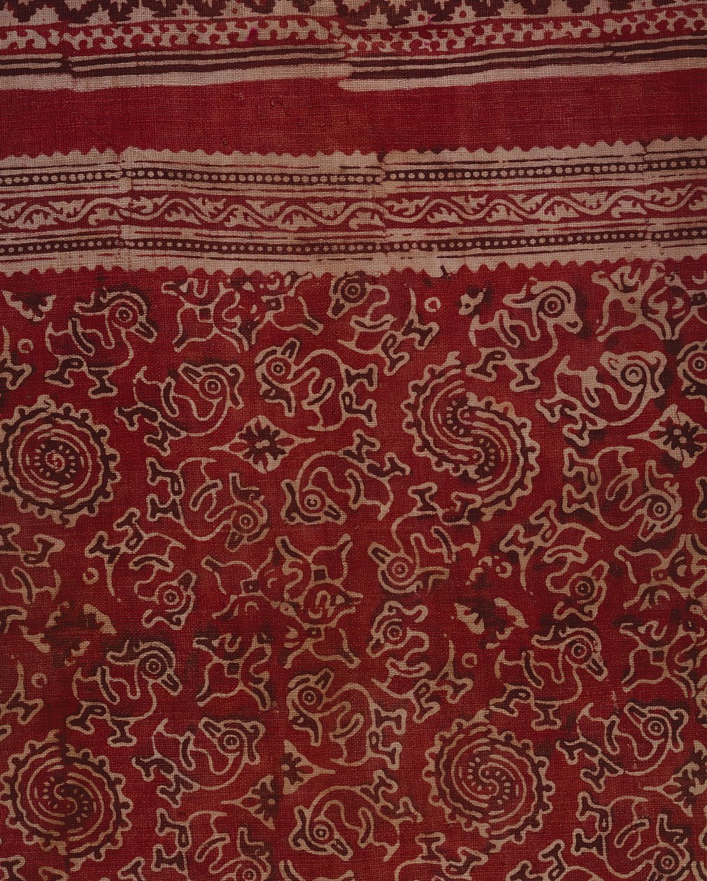 Bloktrykt tekstil til eksporthandel med gæs, lotusknopper og rosetmønster, indisk, ca. 1500 (bomuld) (detalje) af Indian School