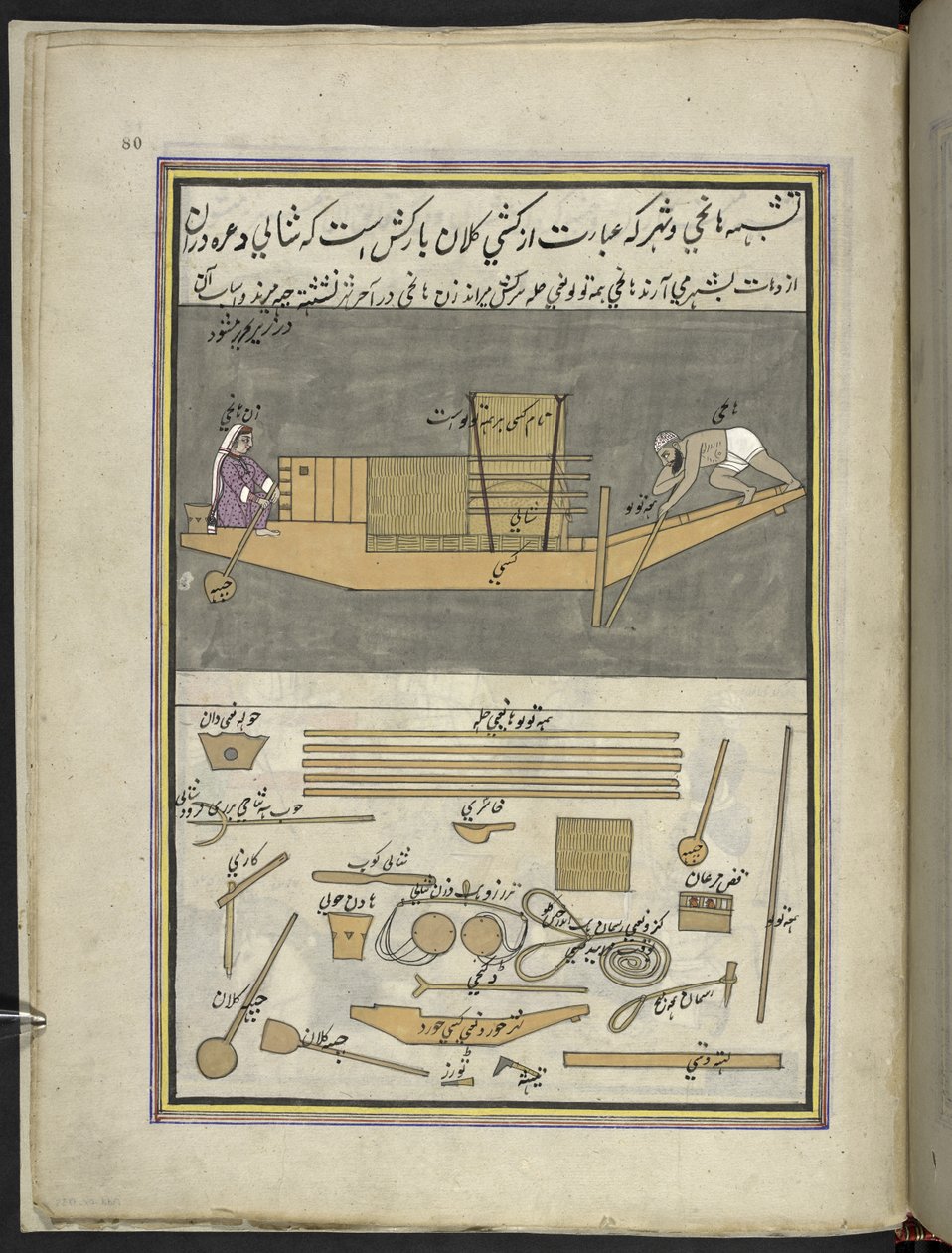 Bådsmand og kone fragter masser af ris,  86 tegninger indbundet i et bind, der viser håndværk og erhverv i Kashmir, håndværkere vises i arbejde med deres redskaber og udstyr,  Af en Kashmir-kunstner, sandsynligvis i Srinagar, ca. 1850-60 (gouache på papir) af Indian School