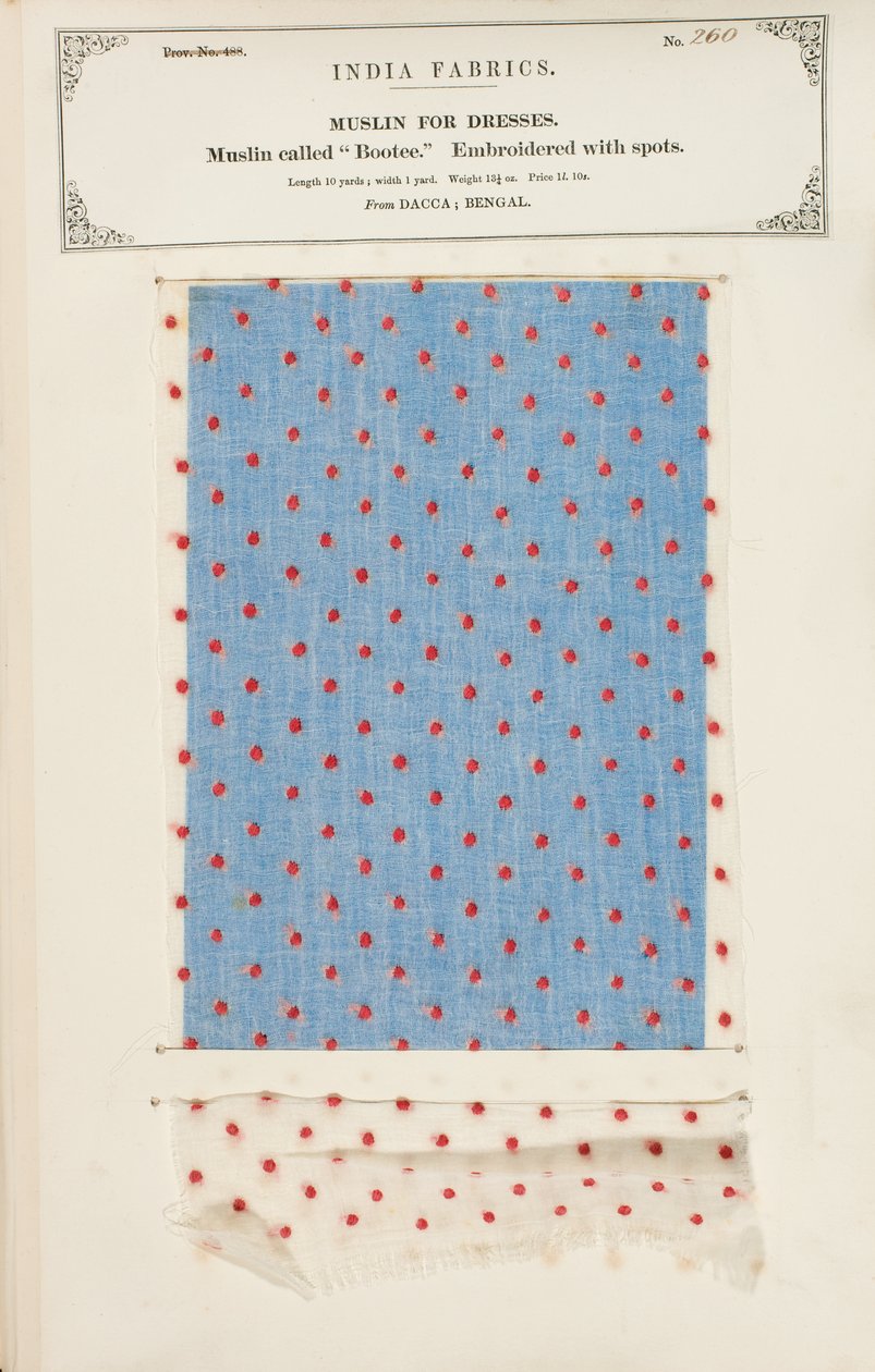 Bootee muslinprøve broderet med pletter fra Dacca i Bengal, fra The Collection of the Textile Manufacturers of India, af John Forbes Watson, udgivet i 1866 af Indian School