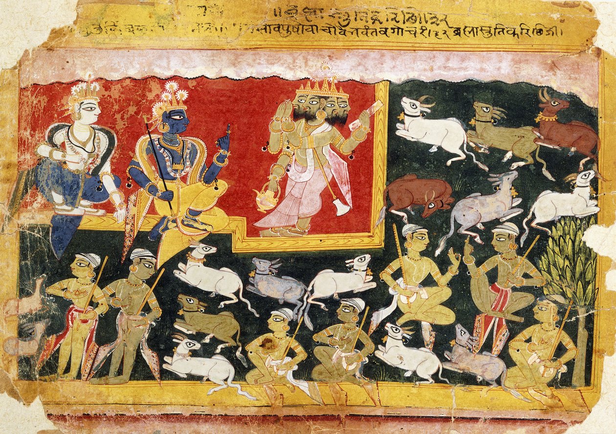 Brahma tilbyder hyldest til Krishna som inkarnationen af Vishnu, ca. 1540-1575 af Indian School