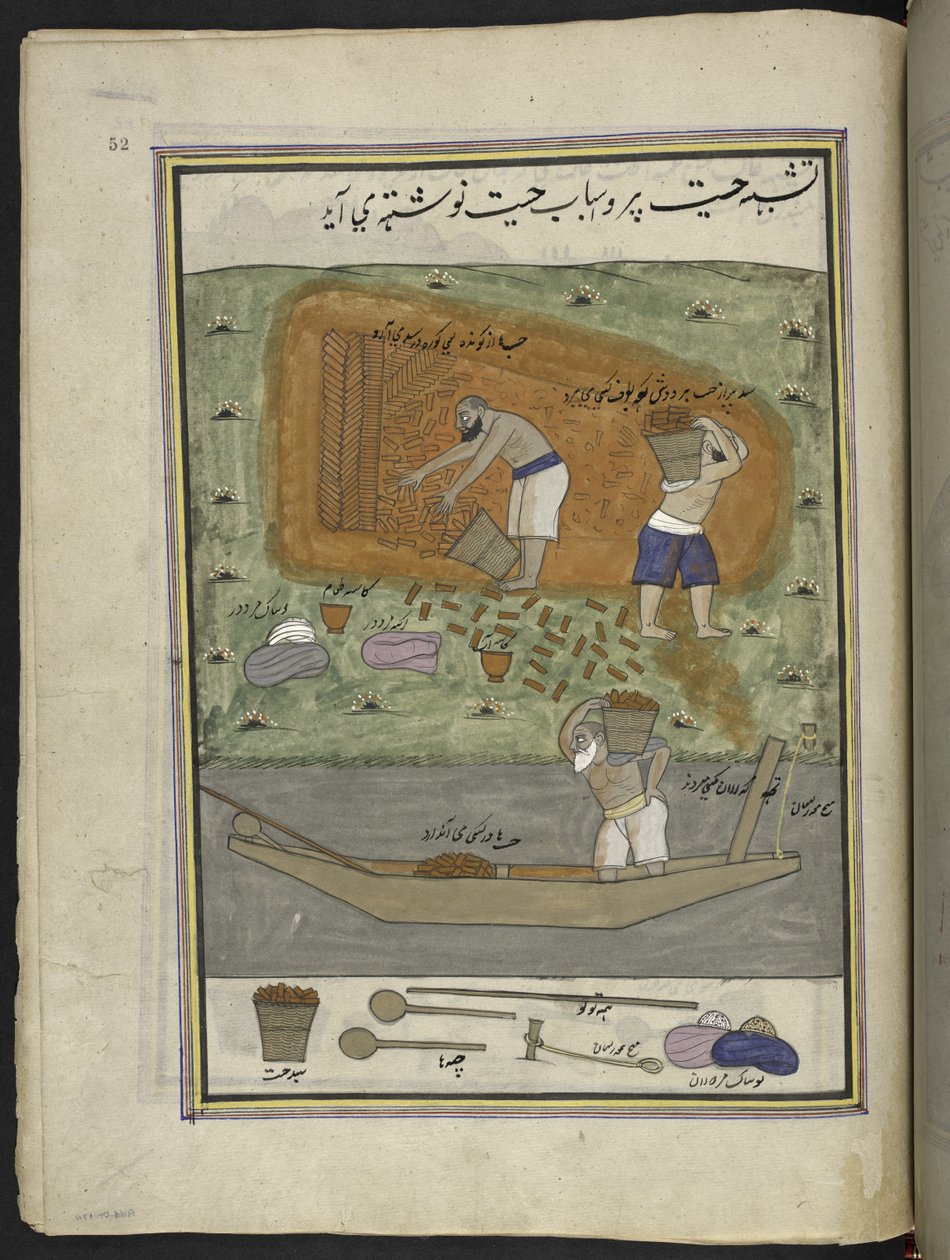 Murstensmagere med ovn og båd til transport af mursten,  86 tegninger indbundet i et bind, der viser håndværk og erhverv i Kashmir, håndværkere vises i arbejde med deres redskaber og udstyr,  Af en Kashmir-kunstner, sandsynligvis i Srinagar, ca. 1850-60 af Indian School