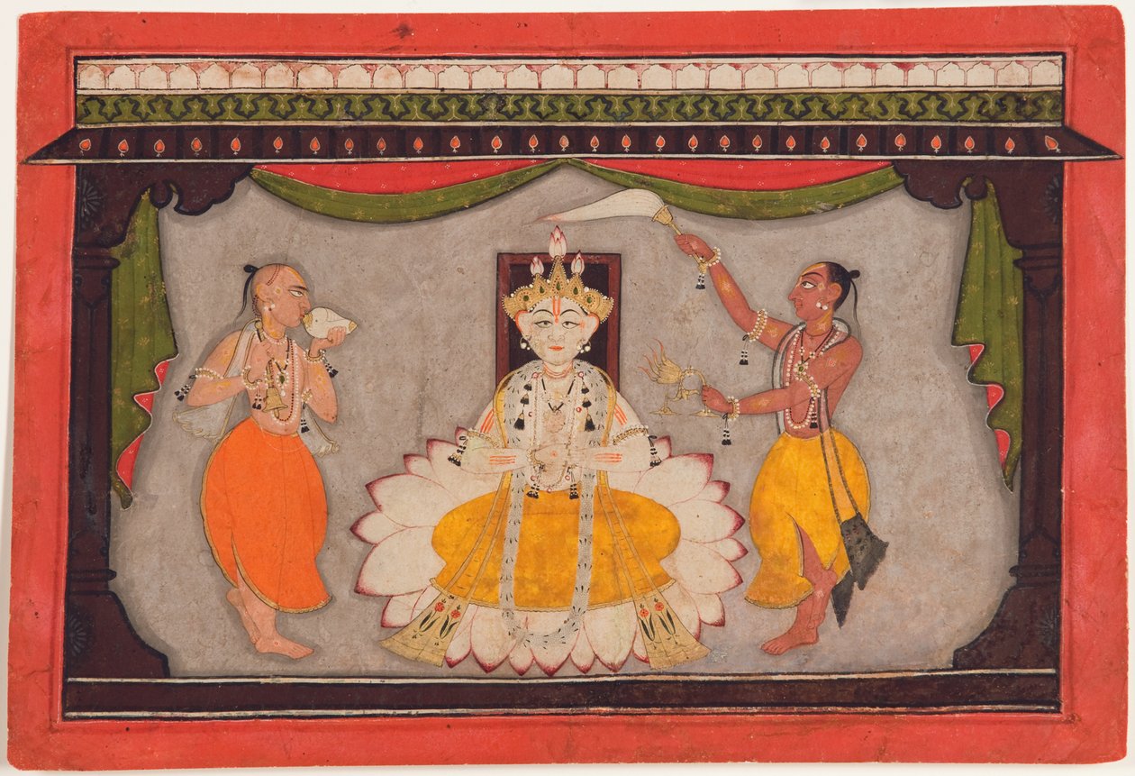 Buddha-avatar af Vishnu, ca. 1700 (ugennemsigtigt toilet, guld- og billeskjold på papir) af Indian School