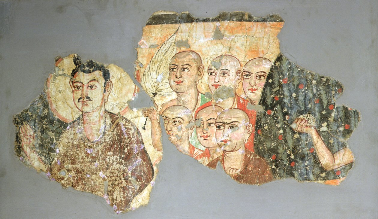 Buddha med sine seks disciple, fra Miran, 3.-4. århundrede (vægmaleri) maleri) af Indian School