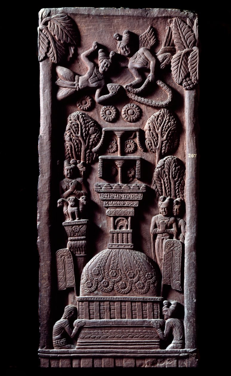 Buddhisme: "" Mahaparinirva a ou parinirvana, afslutningen på Buddhas jordiske eksistens, når nirvanaen"" (Parinirvana, sidste nirvana, som opstår ved døden af Buddhas krop) detail du stupa de Bharhut (Barhut, Barouth) Lav relief af sort af Indian School