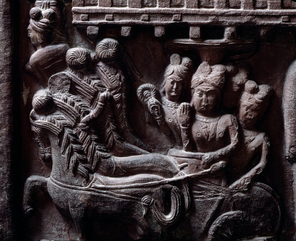 Buddhisme: "" Prasenjits sidste besøg i Buddha" (Prasanjits sidste besøg i Buddha) detail du stupa de Bharhut (Barhut, Barouth) Lavt relief af sort sten, 2. århundrede f.Kr. (2. århundrede f.Kr.) - Kolkata, indisk museum af Indian School