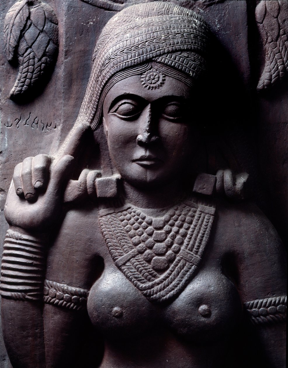 Buddhisme: "" Sudarsana Yakshini"" detalje af stupaen i Bharhut (Barhut, Barouth) Lavt relief af sort sten, 2. århundrede f.Kr. (2. århundrede f.Kr.) - Kolkata, indisk museum af Indian School