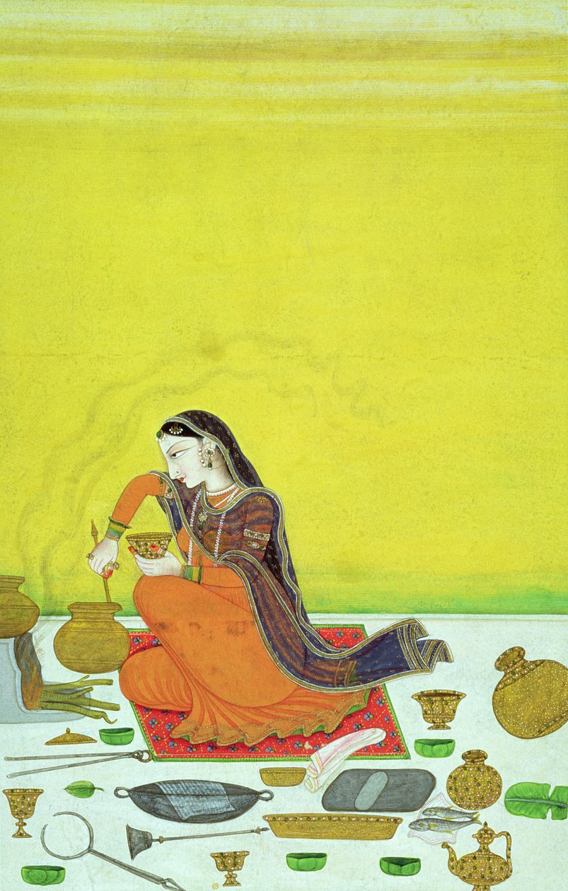 CBL In 11B.30 A Lady Prepares a Meal, miniature fra en Bhagavata Purana-serie, Kangra, ca. 1810 af Indian School