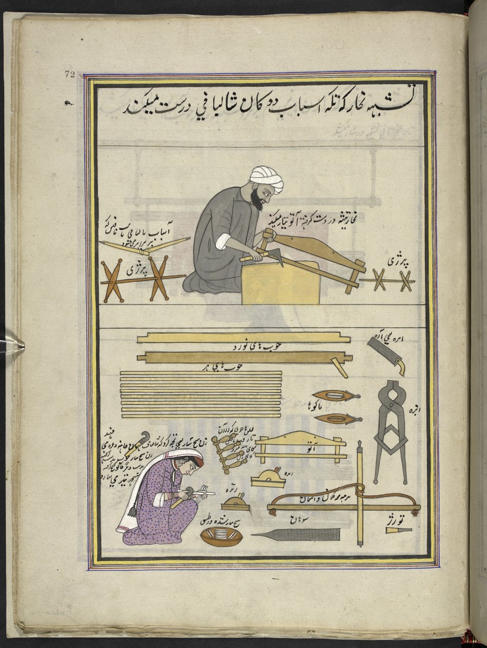 Tømrer og kone laver en sjalvæv,  86 tegninger indbundet i et bind, der viser håndværk og erhverv i Kashmir, håndværkere vises i arbejde med deres redskaber og udstyr,  Af en Kashmir-kunstner, sandsynligvis i Srinagar, ca. 1850-60 (gouache på papir af Indian School