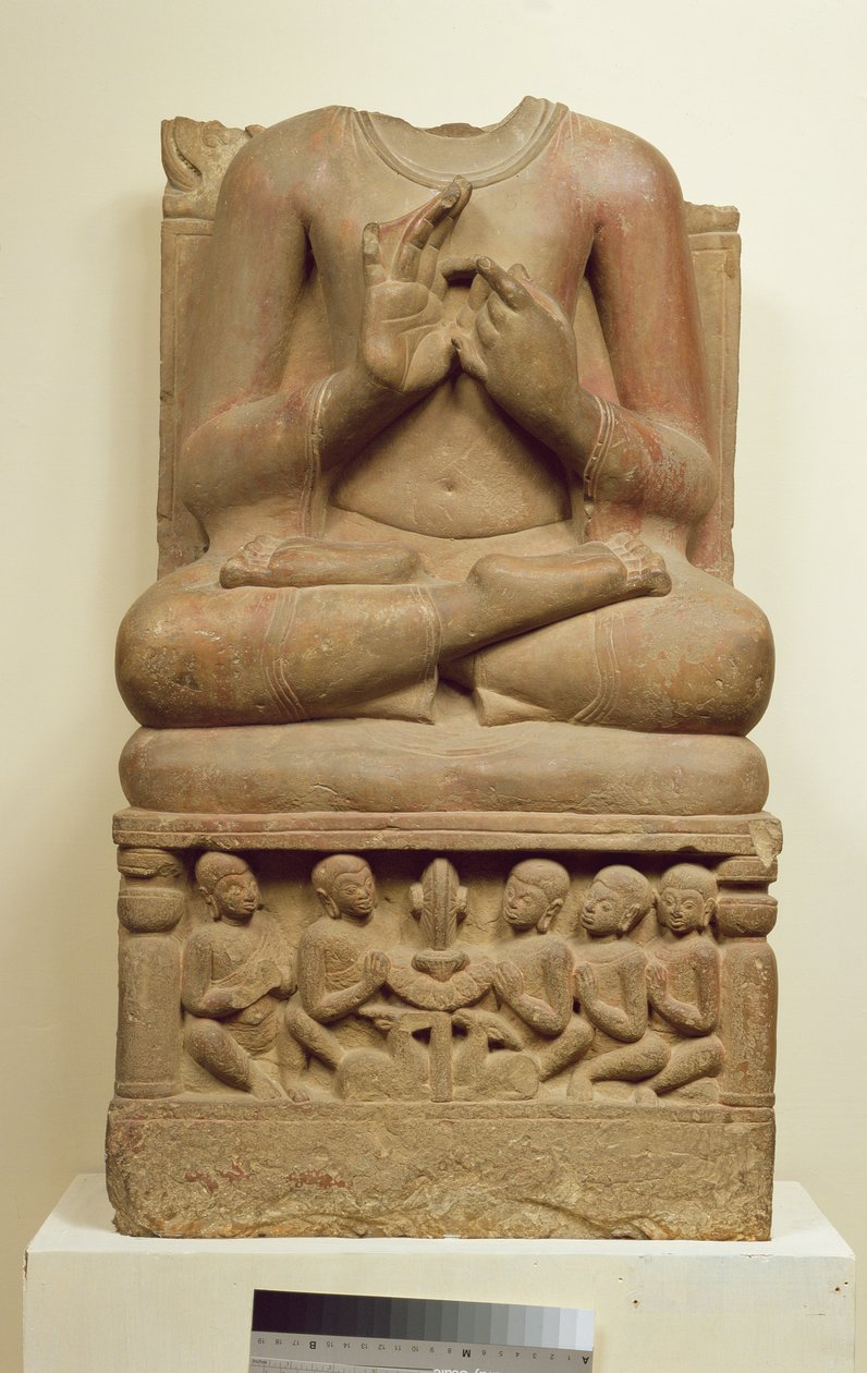 Udskæring af Buddha i holdningen til at prædike en prædiken, Sarnath, Uttar Pradesh, 5. århundrede (sandsten) af Indian School