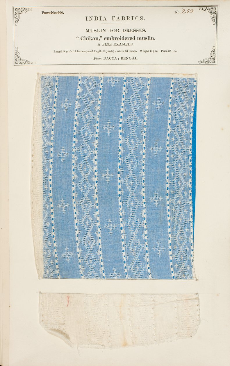 Chikan broderet muslinprøve fra Dacca i Bengalen, fra The Collection of the Textile Manufacturers of India, af John Forbes Watson, udgivet i 1866 af Indian School