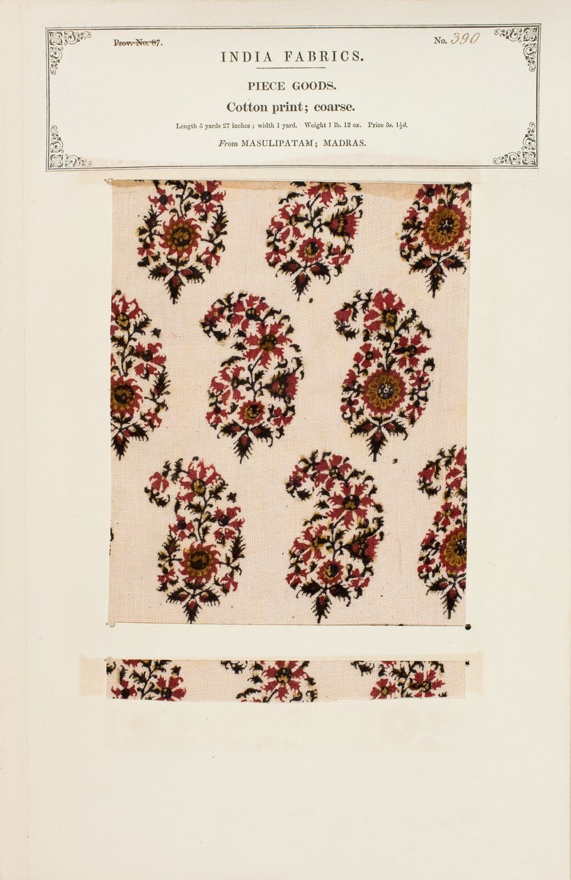 Grovt bomuldstrykprøve fra Masulipatam i Madras, fra The Collection of the Textile Manufacturers of India, af John Forbes Watson, udgivet i 1866 af Indian School