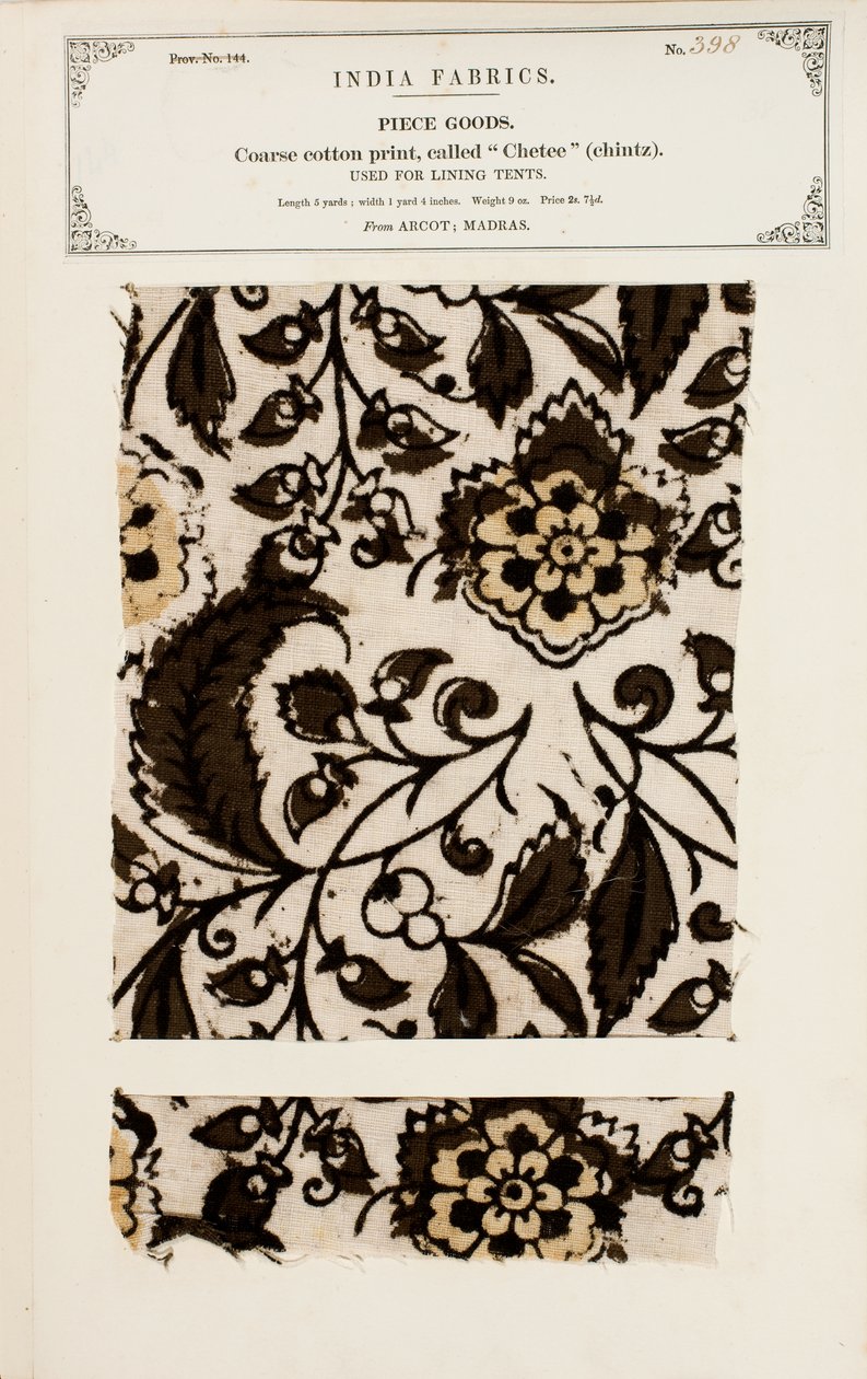 Grov bomuldsprøve med chetee (chintz) mønster fra Arcot i Madras, fra The Collection of the Textile Manufacturers of India, af John Forbes Watson, udgivet i 1866 af Indian School