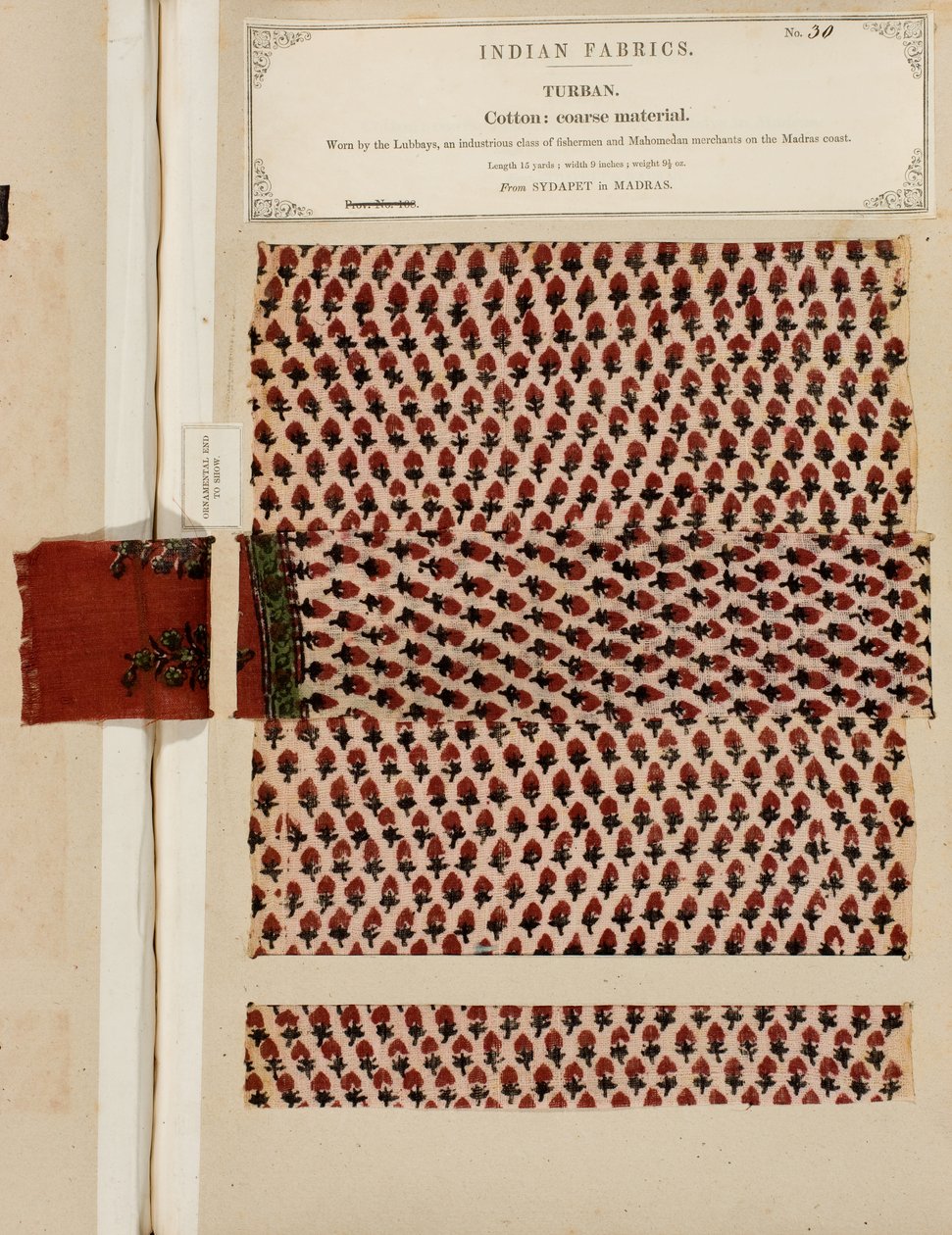 Grov bomuldsturbanprøve fra Sydapet i Madras, fra The Collection of the Textile Manufacturers of India, af John Forbes Watson, udgivet i 1866 af Indian School