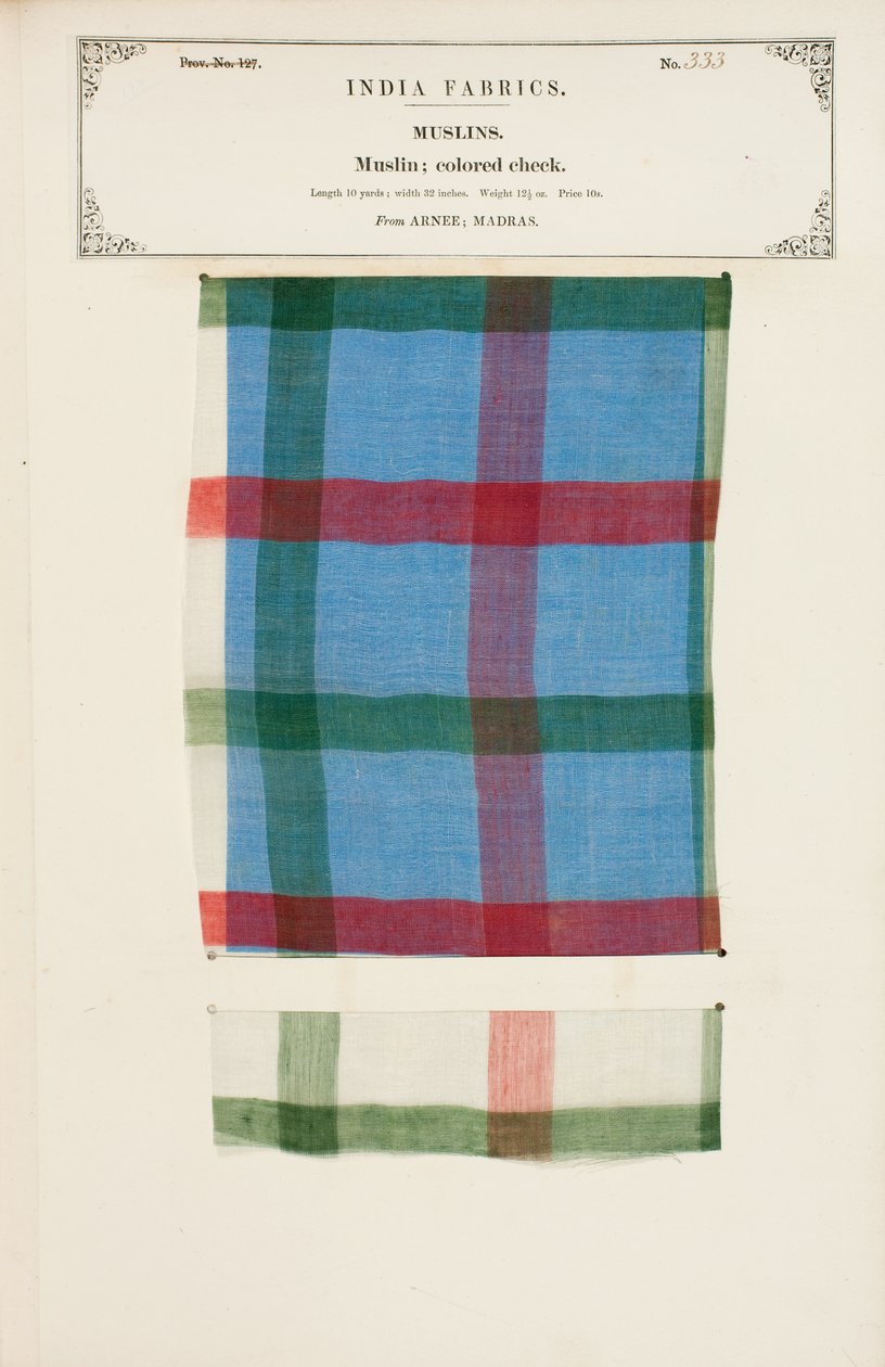 Farvet ternet muslinprøve fra Arnee i Madras, fra The Collection of the Textile Manufacturers of India, af John Forbes Watson, udgivet i 1866 af Indian School