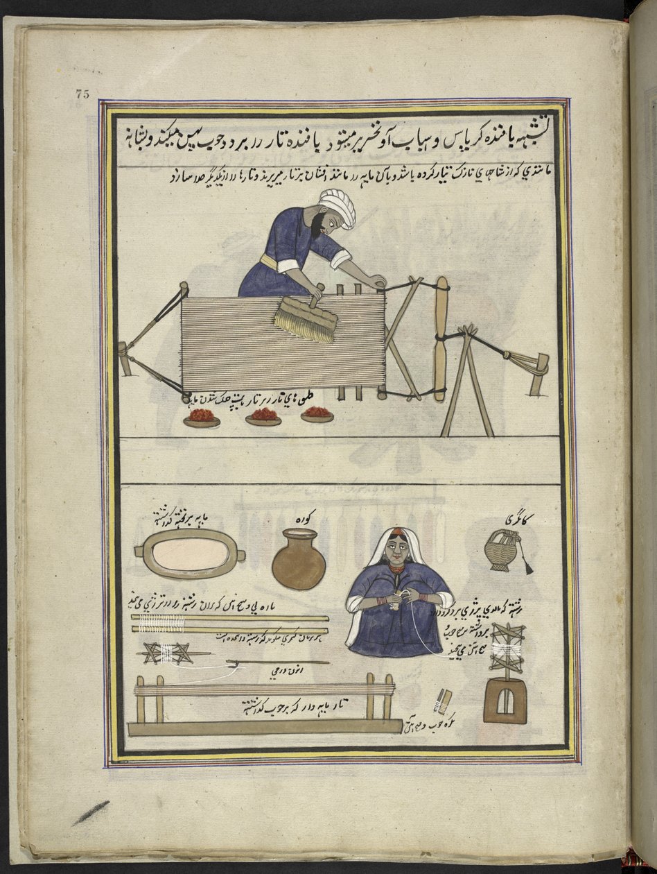 Bomuldsvæver, der kæmmer en kæde; kvinde, der ruller bomuld,  86 tegninger indbundet i et bind, der viser håndværk og erhverv i Kashmir, håndværkere vises i arbejde med deres redskaber og udstyr,  Af en Kashmir-kunstner, sandsynligvis i Srinagar, ca. 1850- af Indian School