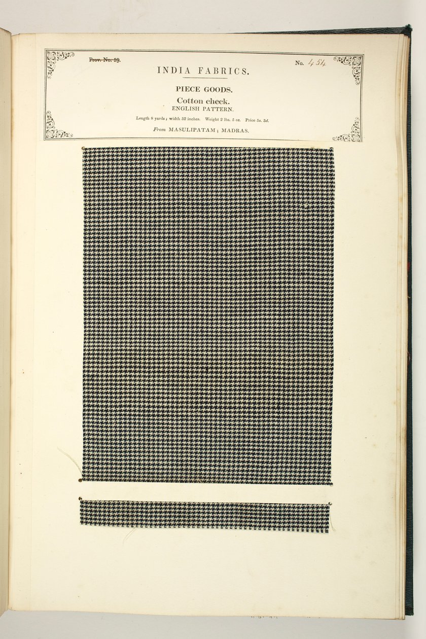 Bomuldstjek, Masulipatam, Madras, stykkevarer, fra The Collection of the Textile Manufacturers of India, af John Forbes Watson, udgivet i 1866 af Indian School