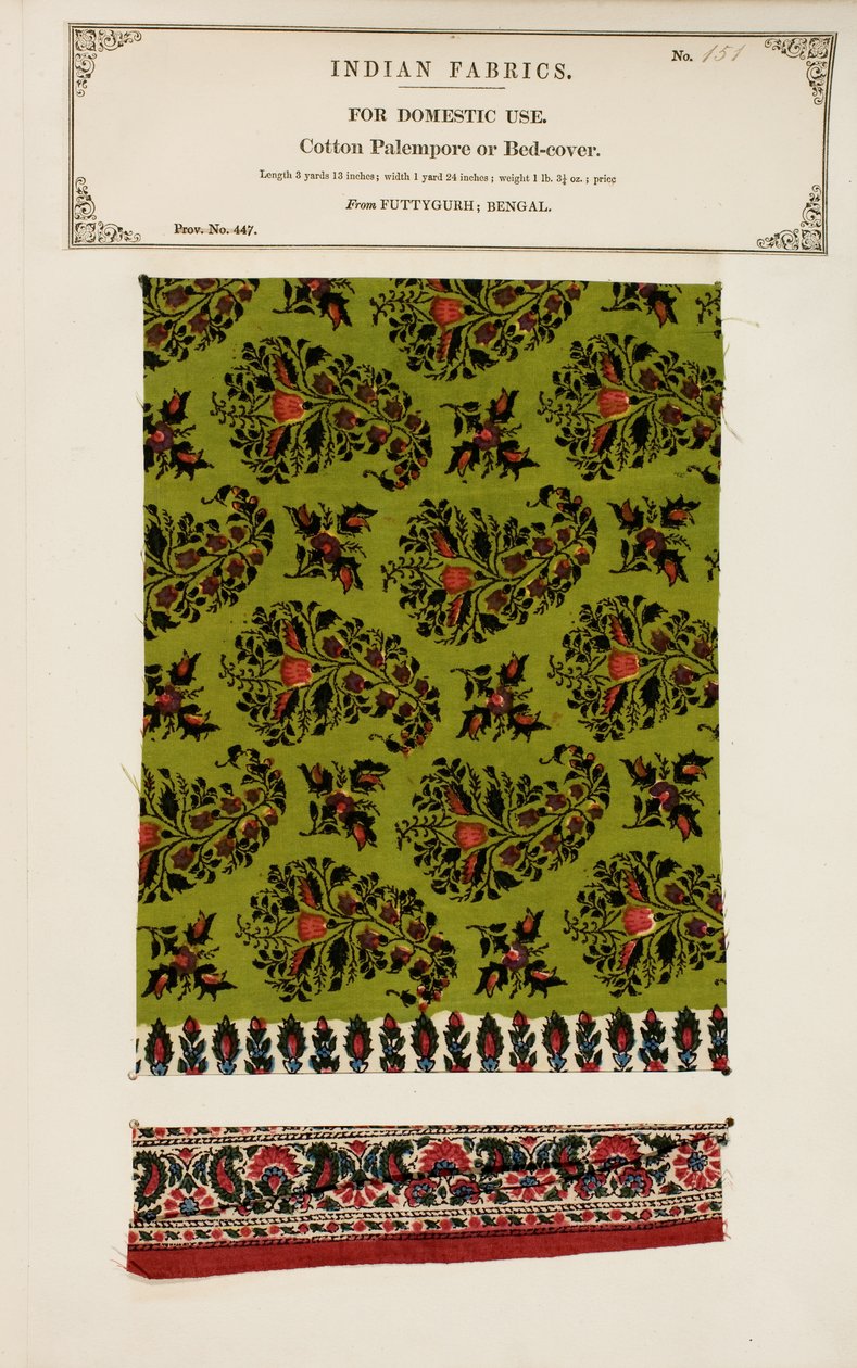 Bomuldspalempore eller sengebetræksprøve fra Futtygurgh i Bengalen, fra The Collection of the Textile Manufacturers of India, af John Forbes Watson, udgivet i 1866 af Indian School