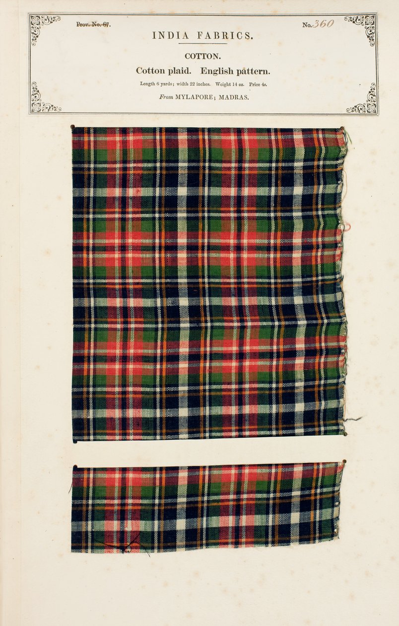 Bomuldsplaidprøve fra Mylapore i Madras, fra The Collection of the Textile Manufacturers of India, af John Forbes Watson, udgivet i 1866 af Indian School