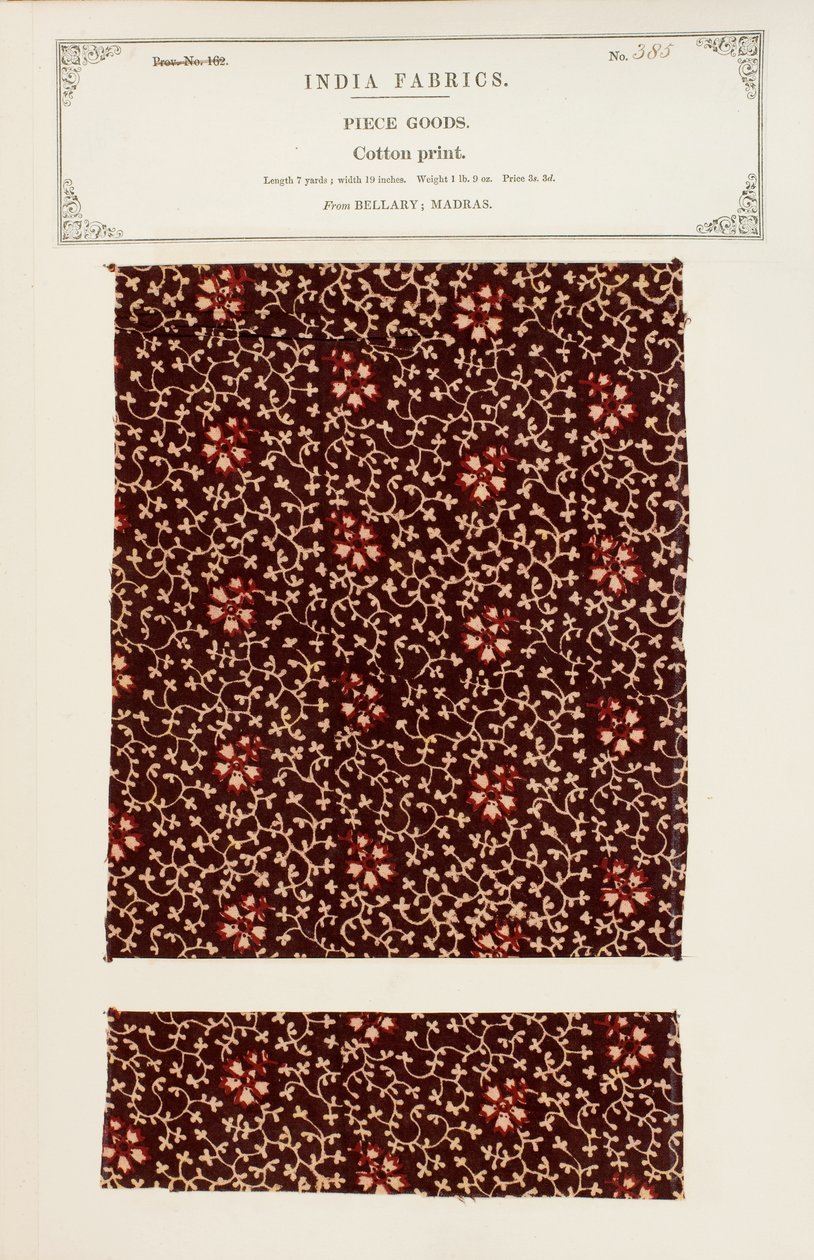 Bomuldstrykprøve fra Bellary i Madras, fra The Collection of the Textile Manufacturers of India, af John Forbes Watson, udgivet i 1866 af Indian School
