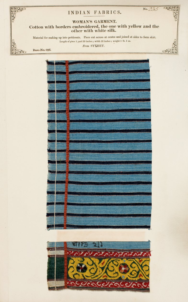 Bomuldsprøve broderet med hvid og gul silke fra Sylhet, fra The Collection of the Textile Manufacturers of India, af John Forbes Watson, udgivet i 1866 af Indian School