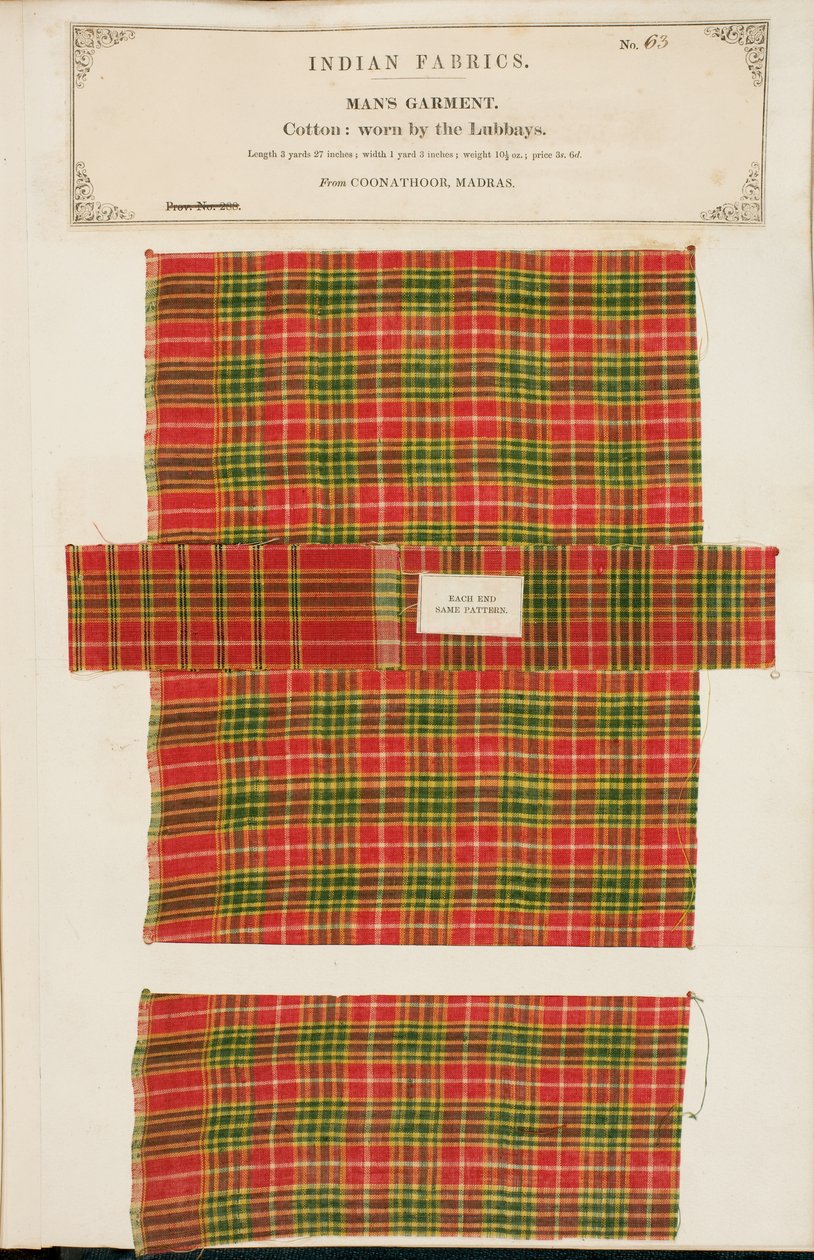 Bomuldsprøve fra Coonathoor i Madras, fra The Collection of the Textile Manufacturers of India, af John Forbes Watson, udgivet i 1866 af Indian School