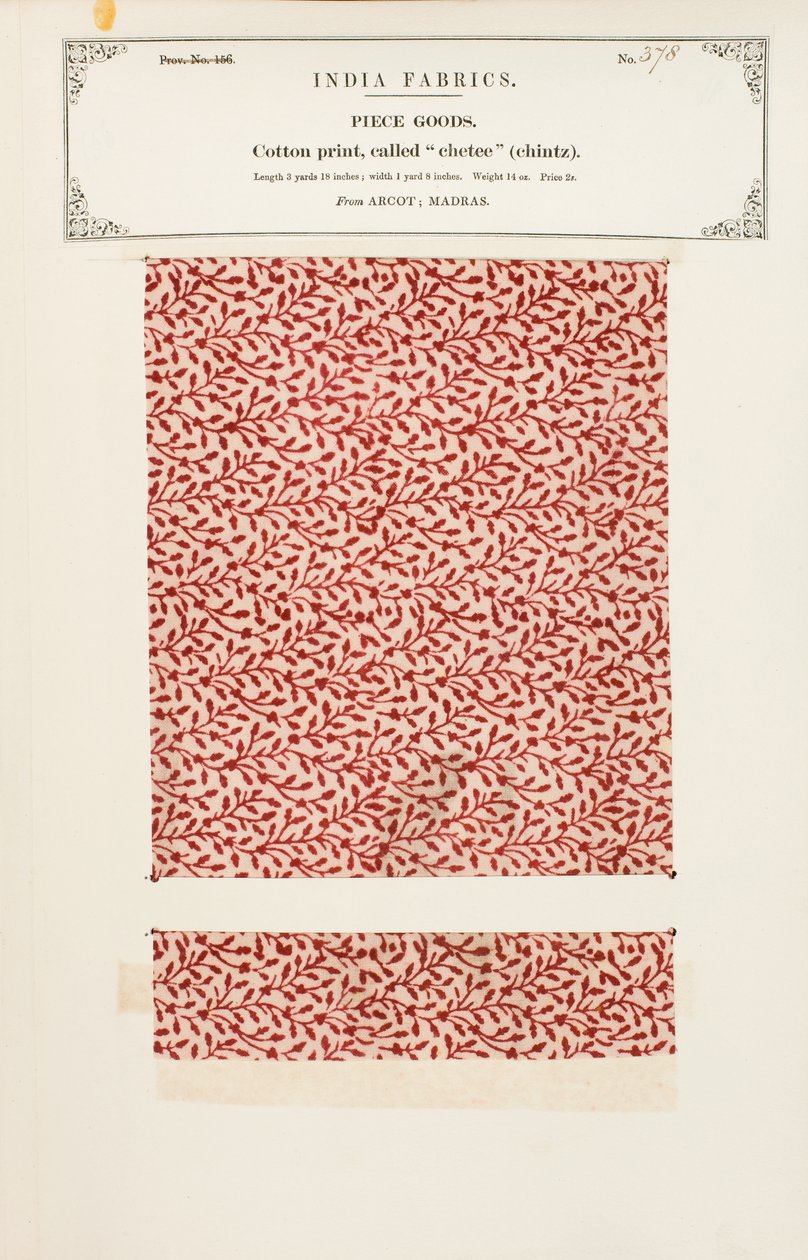 Bomuldsprøve med et chetee (chintz) print fra Arcot i Madras, fra The Collection of the Textile Manufacturers of India, af John Forbes Watson, udgivet i 1866 af Indian School